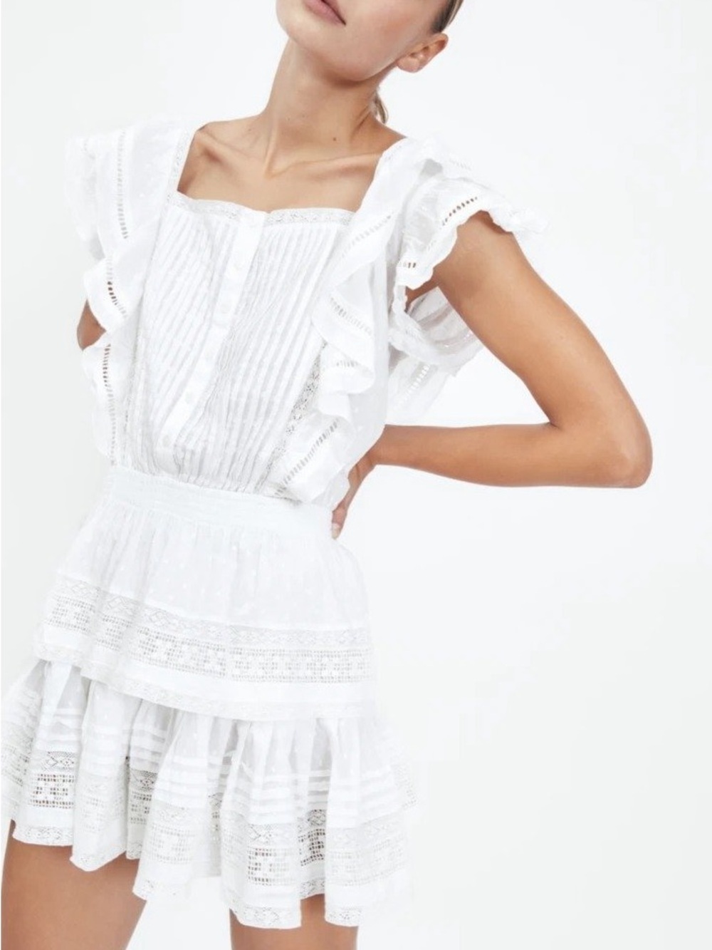 MAIA BERGMAN Noah White Ruffle Lace Mini Dress Salt (126)